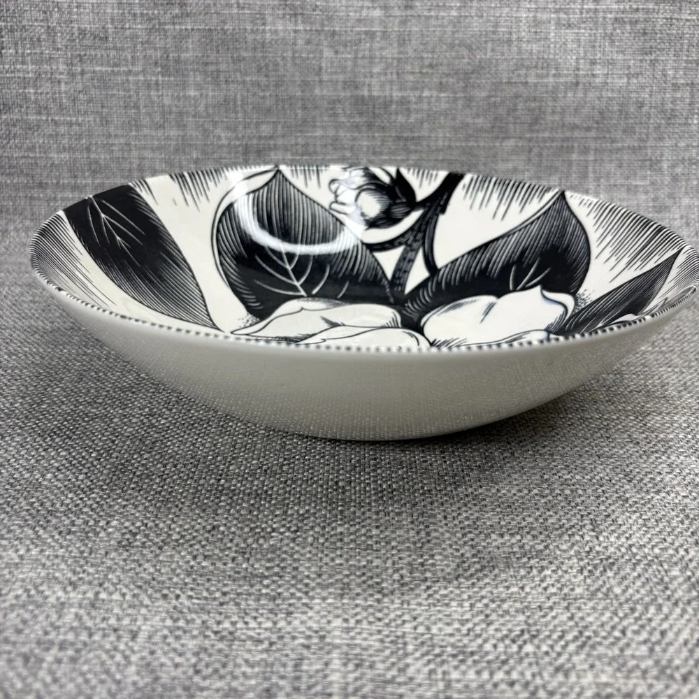 Homer Laughlin Dura Print Malay‎ Black White Floral Pattern 1950 MCM Soup Bowl